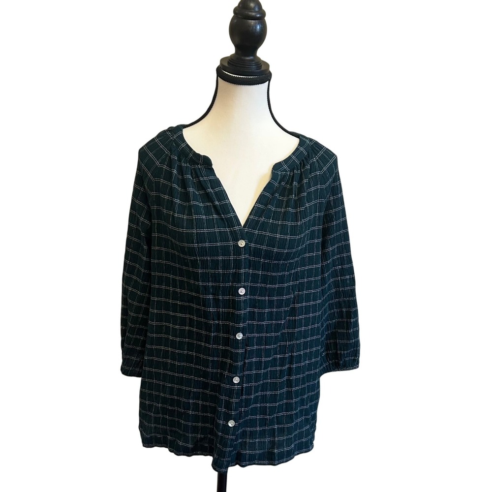 J Jill Green Plaid 3/4 Sleeve Button Front Shirt Top Tall Size S